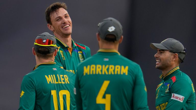 Marco Jansen (the tall one) with his South Africa team-mates (Associated Press)