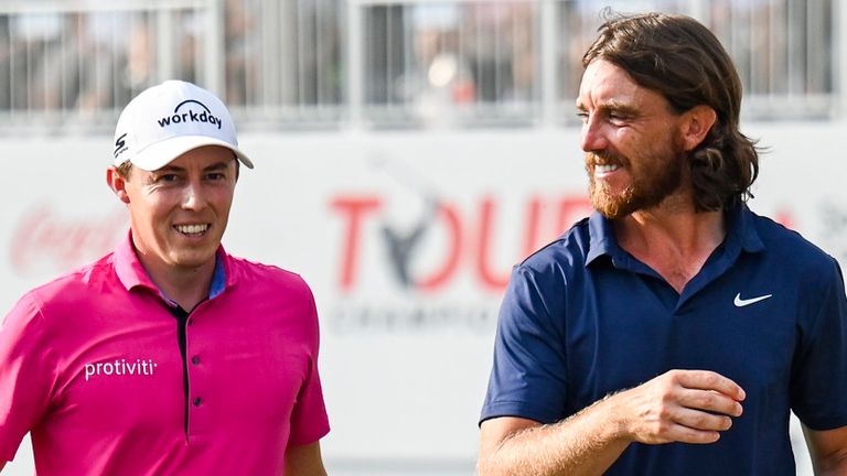 ATLANTA, GEORGIA - AUGUST 27:  Matthew Fitzpatrick of England and Tommy Fleetwood of England smile as they walk off the 18th hole green during the final round of the TOUR Championship, the third and last event of the FedExCup Playoffs, at East Lake Golf Club on August 27, 2023 in Atlanta, Georgia. (Photo by Keyur Khamar/PGA TOUR via Getty Images)