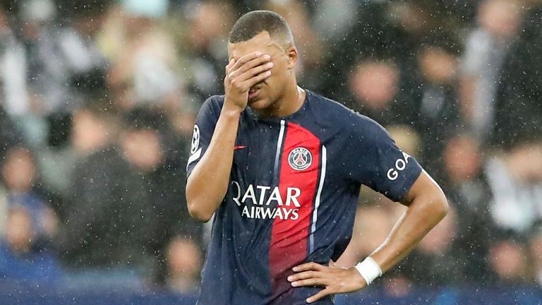 PSG's Kylian Mbappe reacts as his side were humbled at Newcastle