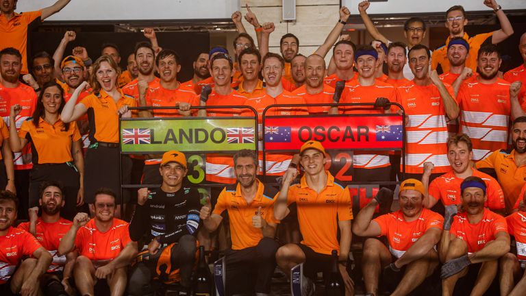 #4 Lando Norris (GBR, McLaren F1 Team), Andrea Stella (ITA, McLaren F1 Team), #81 Oscar Piastri (AUS, McLaren F1 Team), F1 Grand Prix of Qatar at Lusail International Circuit on October 8, 2023 in Doha , Qatar.