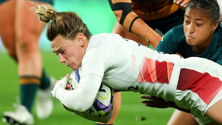 WELLINGTON, NEW ZEALAND - OCTOBER 20: Megan Jones of England scores a try during the WXV1 Match between England and Australia Wallaroos at Sky Stadium on October 20, 2023 in Wellington, New Zealand. (Photo by Hagen Hopkins/Getty Images)