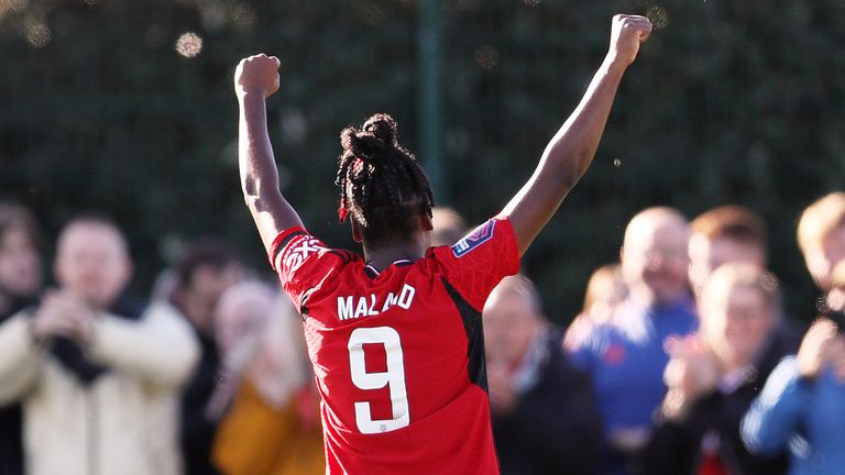 Melvine Malard of Manchester United celebrates scoring