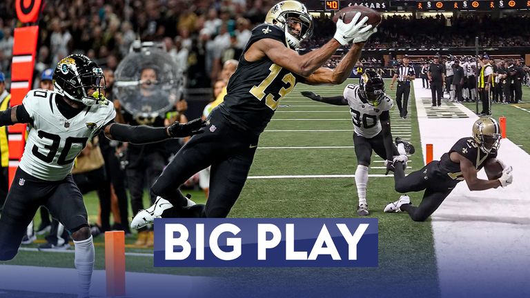New Orleans Saints wide receiver Michael Thomas makes a catch for a touchdown in front of Jacksonville Jaguars cornerback Montaric Brown