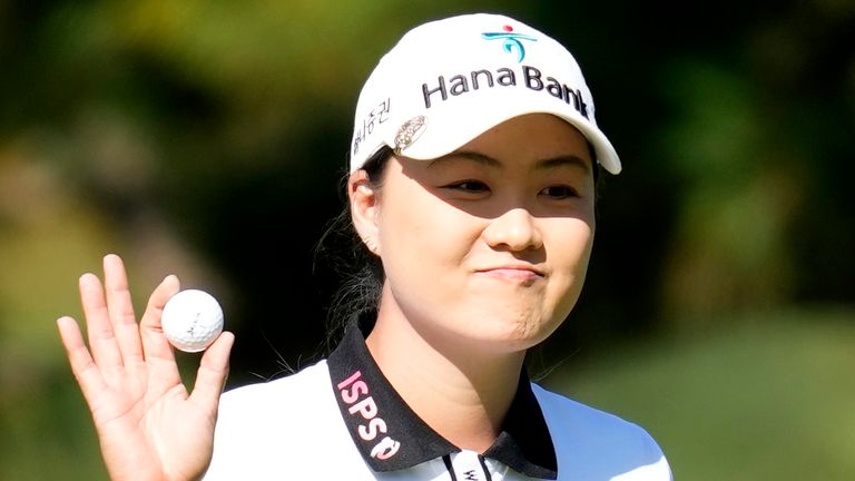 Minjee Lee of Australia reacts after making a putt on the fourth hole during the final round of the BMW Ladies Championship at the Seowon Hills Country Club in Paju, South Korea, Sunday, Oct. 22, 2023. (AP Photo/Lee Jin-man) 
