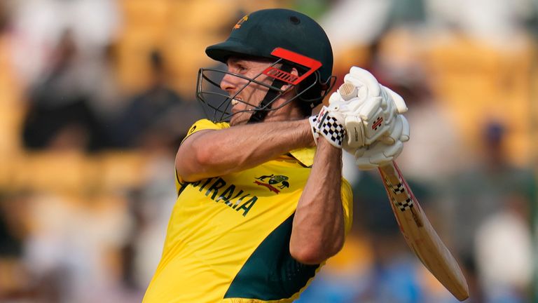 Australia's Mitchell Marsh plays a shot during the ICC Men's Cricket World Cup match between Australia and Pakistan in Bengaluru, India, Friday, Oct. 20, 2023. (AP Photo/Aijaz Rahi)