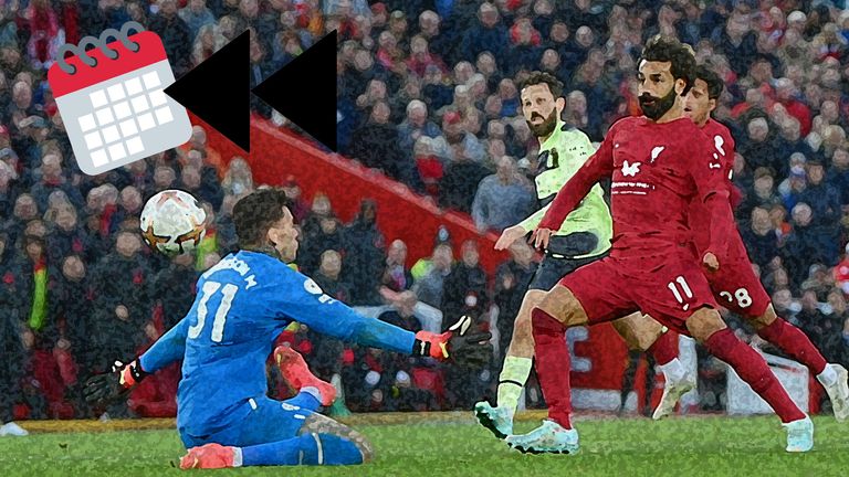 Mo Salah scores against Manchester City at Anfield in October 2022