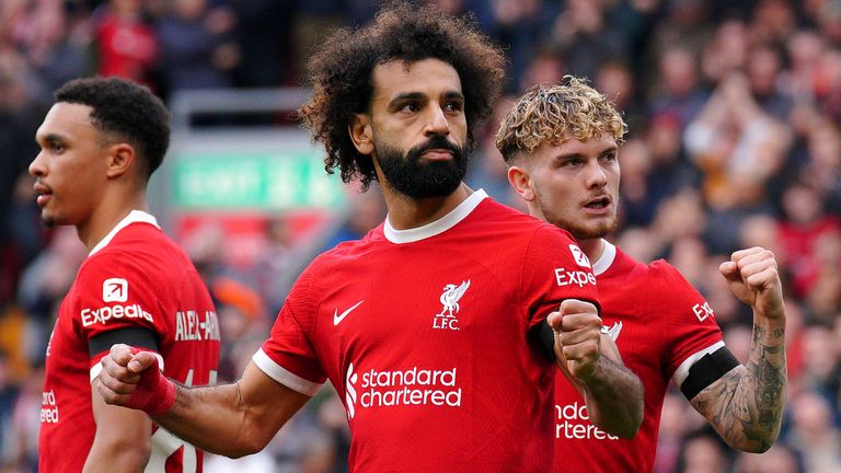 Mohamed Salah celebrates scoring for Liverpool vs Everton