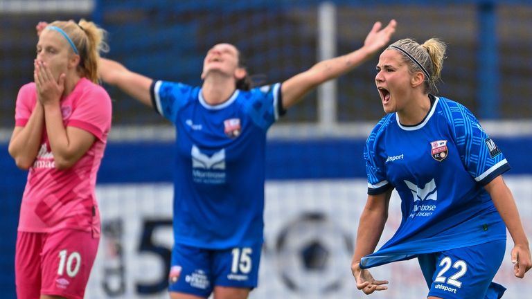 Aimee Ridgeway (right) celebrates as Montrose drew with Hearts (Credit: Malcolm Mackenzie/SWPL)