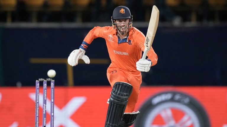 Netherlands' captain Scott Edwards takes a run after playing a shot during the ICC Men's Cricket World Cup match between South Africa and Netherlands in Dharamshala, India, Tuesday, Oct. 17, 2023. (AP Photo/Ashwini Bhatia)