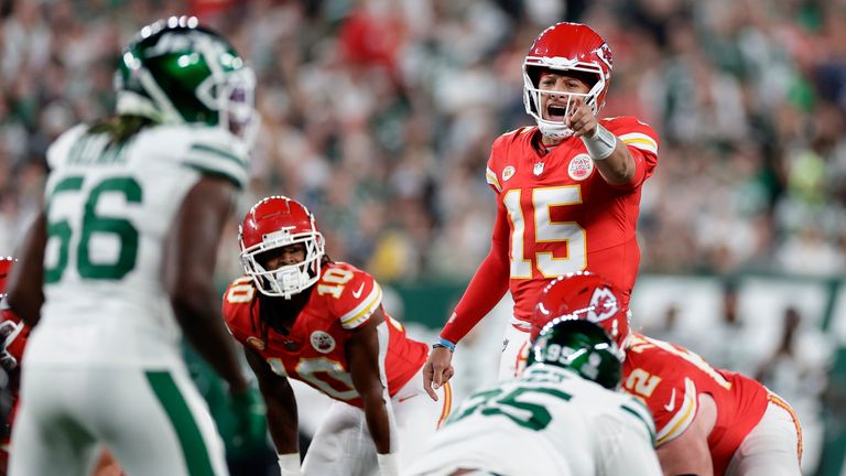 Kansas City Chiefs quarterback Patrick Mahomes (15) calls an audible at the line of scrimmage against the New York Jets during the first quarter of an NFL football game, Sunday, Oct. 1, 2023, in East Rutherford, N.J.