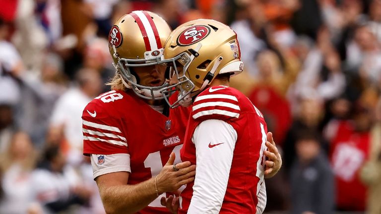 San Francisco 49ers punter Mitch Wishnowsky (18) talks with kicker Jake Moody (4) after missing a game-winning field goal during an NFL football game against the Cleveland Browns, Sunday, Oct. 15, 2023, in Cleveland. (AP Photo/Kirk Irwin)