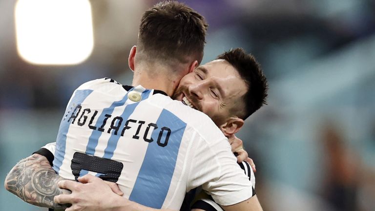Nicolas Tagliafico of Argentina, Lionel Messi of Argentina celebrate victory after the FIFA World Cup Qatar 2022 Semifinal match between Argentina and Croatia at Lusail Stadium on December 13, 2022 in Al Daayen, Qatar