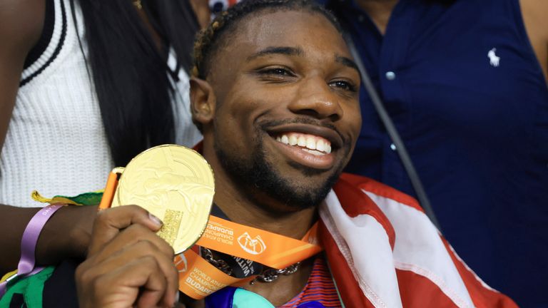 Noah Lyles celebrates after winning the Men's 200 meters of the World Athletics Championships in Budapest