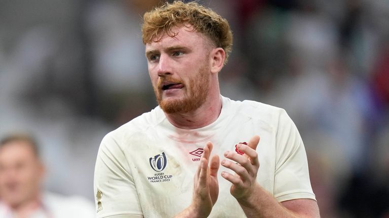 England's Ollie Chessum celebrates at the end of the Rugby World Cup quarter-final match between England and Fiji in Marseille (AP Photo/Pavel Golovkin)