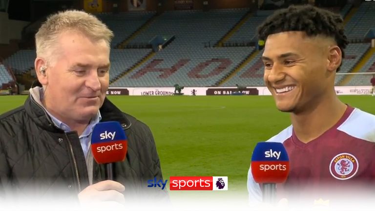 Dean Smith and Ollie Watkins during a post-match chat, following Aston Villa&#39;s 4-1 win over West Ham United.
