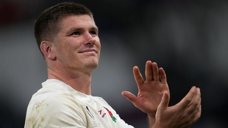 England's Owen Farrell applauds after the Rugby World Cup quarterfinal match between England and Fiji at the Stade de Marseille in Marseille, France, Sunday, Oct. 15, 2023. (AP Photo/Daniel Cole)