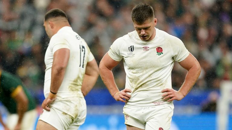 England's Owen Farrell (right) looks dejected during the Rugby World Cup semi-final against South Africa