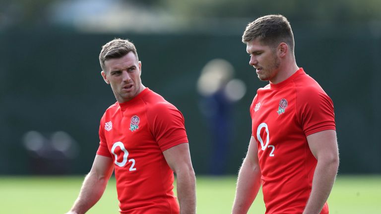 England&#39;s George Ford, left, and Owen Farrell attend a training session at The Lensbury, London, Wednesday Oct. 7, 2020. (Andrew Matthews/Pool via AP)