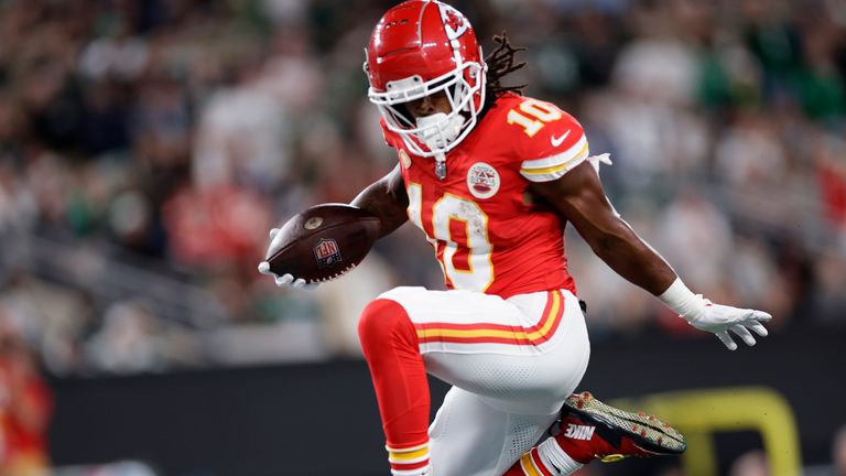 Kansas City Chiefs running back Isiah Pacheco (10) reacts as he crosses the goal line to score a touchdown against the New York Jets during the first quarter of an NFL football game, Sunday, Oct. 1, 2023, in East Rutherford, N.J.