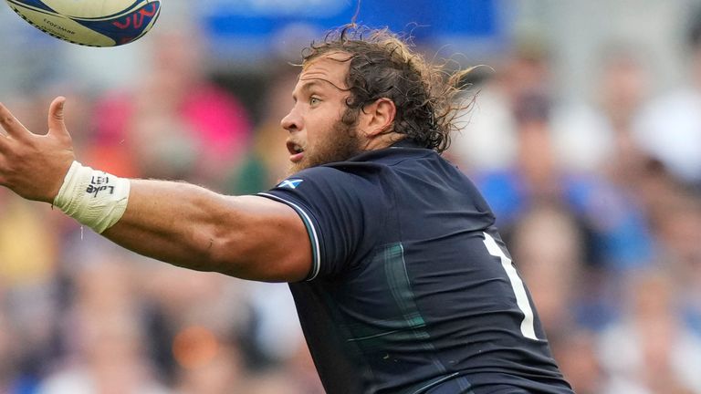 Scotland's Pierre Schoeman tries to catch the ball during the Rugby World Cup Pool B match between South Africa and Scotland at the Stade de Marseille in Marseille, France, Sunday, Sept. 10, 2023. (AP Photo/Pavel Golovkin)