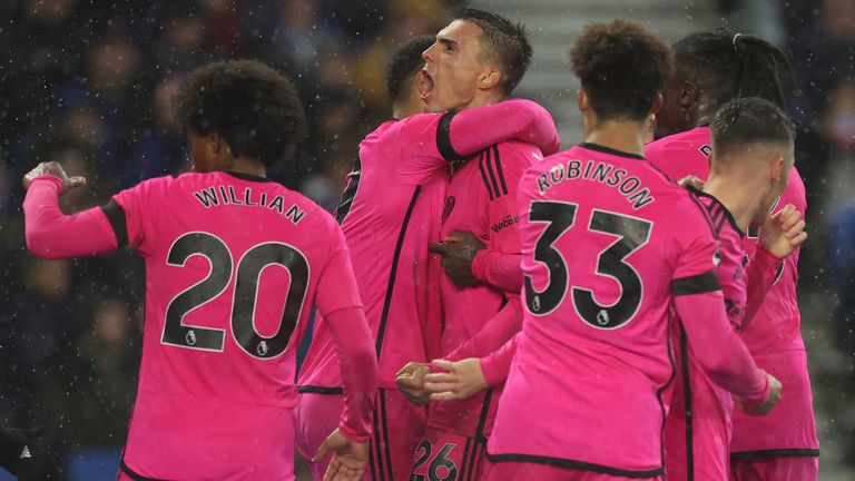 Joao Palhinha celebrates after equalising for Fulham at Brighton