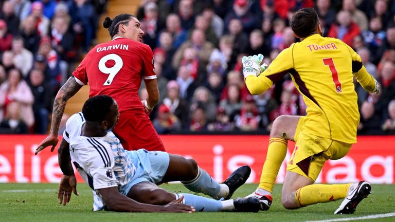 Darwin Nunez scores to give Liverpool a 2-0 lead against Nottingham Forest