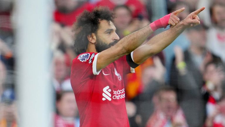 Mo Salah celebrates after scoring Liverpool's third goal against Nottingham Forest