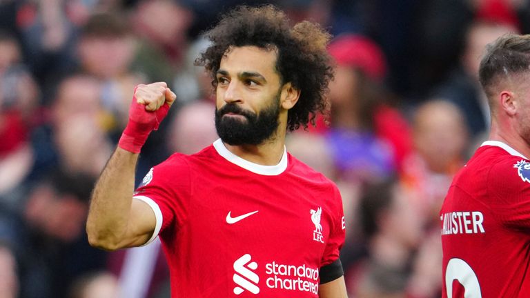 Mo Salah salutes the Anfield faithful after scoring Liverpool's third goal against Nottingham Forest