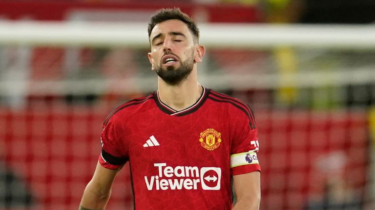 Bruno Fernandes shows his frustration after Manchester United fall two goals behind at home to Manchester City