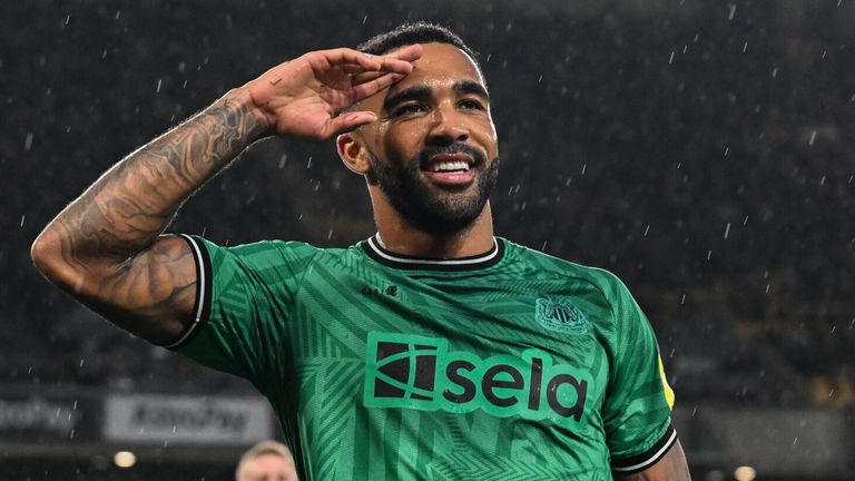 Callum Wilson celebrates after scoring for Newcastle at Molineux
