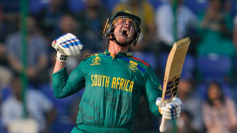 South Africa's Quinton De Kock celebrates after scoring a century against Sri Lanka in New Delhi (AP Photo/Altaf Qadri )