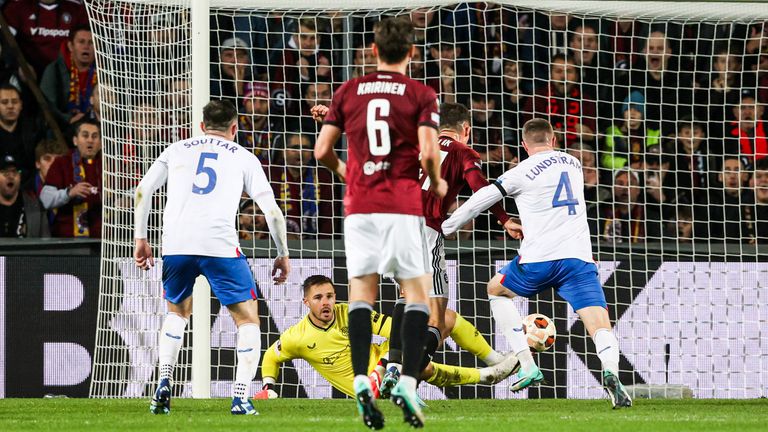 PRAGUE, CZECH REPUBLIC - OCTOBER 26: Rangers' Jack Butland makes a double save during a UEFA Europa League Group Stage match between Sparta Prague and Rangers at the Letna Stadium, on October 26, 2023, in Prague, Czech Republic. (Photo by Alan Harvey / SNS Group)