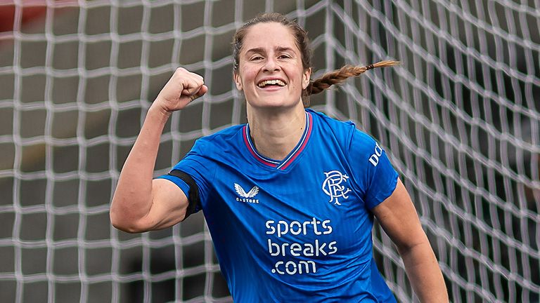 Rio Hardy celebrates scoring for Rangers