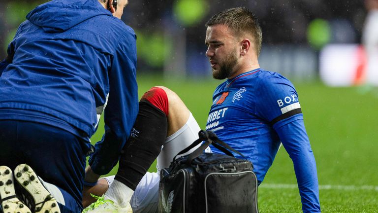 GLASGOW, SCOTLAND - OCTOBER 29: Rangers' Nicolas Raskin gets treatment for an injury during a cinch Premiership match between Rangers and Heart of Midlothian at Ibrox Stadium, on October 29, 2023, in Glasgow, Scotland. (Photo by Craig Williamson / SNS Group)
