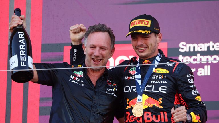 Max Verstappen of RED BULL RACING HONDA RBPT celebrates with Christian Horner, team principal of the Red Bull Formula One team, after winning the Formula 1 Lenovo Japanese Grand Prix at Suzuka Circuit in Suzuka City, Mie Prefecture on September 24, 2023.