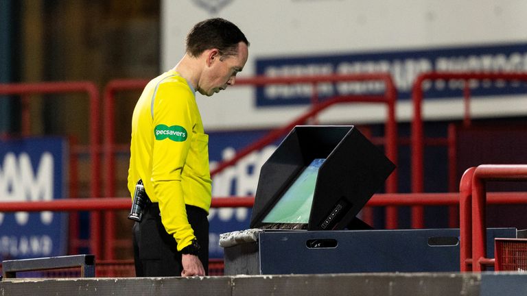 Referee Colin Steven disallowed Brown&#39;s goal after viewing the VAR monitor
