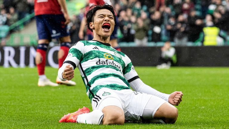 Reo Hatate celebrates after giving Celtic the lead