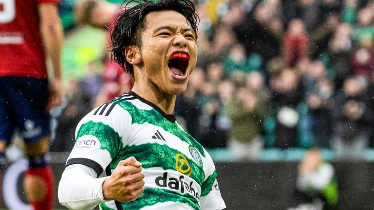 Celtic's Reo Hatate celebrates as he scores to make it 1-0