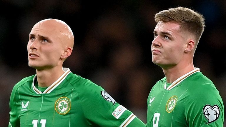 Dublin , Ireland - 13 October 2023; Will Smallbone, left, and Evan Ferguson of Republic of Ireland during the UEFA EURO 2024 Championship qualifying group B match between Republic of Ireland and Greece at the Aviva Stadium in Dublin. (Photo By Seb Daly/Sportsfile via Getty Images)