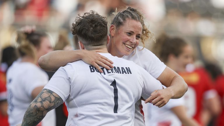 England's Amber Reed celebrates with Hannah Botterman at the end of the second test match at StoneX Stadium, London. 