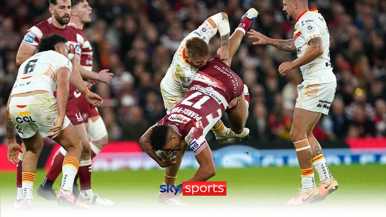 Adam Keighran is given a yellow card for lifting Kai Pearce-Paul over the horizontal in a tackle for the Catalans Dragons against the Wigan Warriors in the Grand Final.