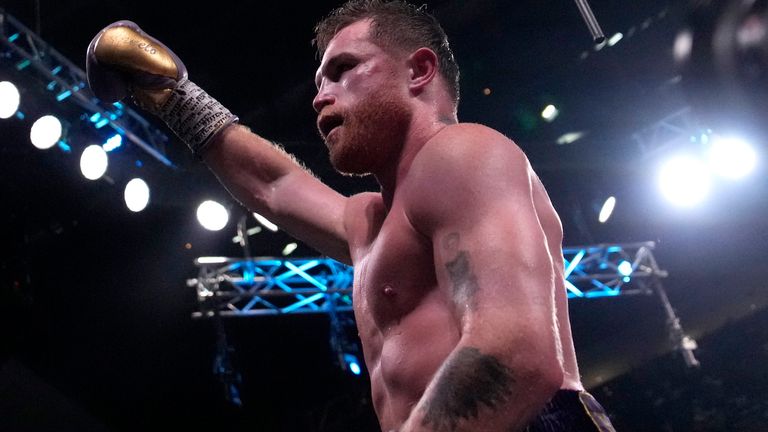 Canelo Alvarez, of Mexico, celebrates after defeating Jermell Charlo in their super middleweight title boxing match, Saturday, Sept. 30, 2023, in Las Vegas. (AP Photo/John Locher)