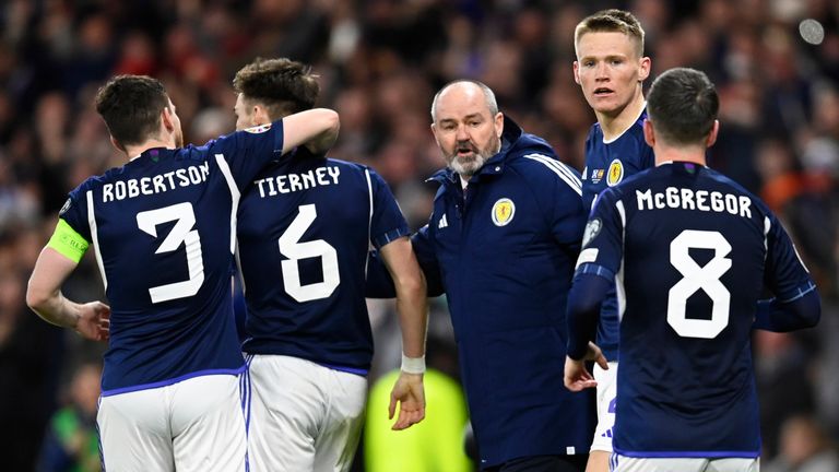 GLASGOW, SCOTLAND - MARCH 28: Scotland Manager Steve Clarke after Scott McTominay makes it 2-0 during a UEFA Euro 2024 Qualifier between Scotland and Spain at Hampden Park, on March 28, 2023, in Glasgow, Scotland. (Photo by Rob Casey / SNS Group)