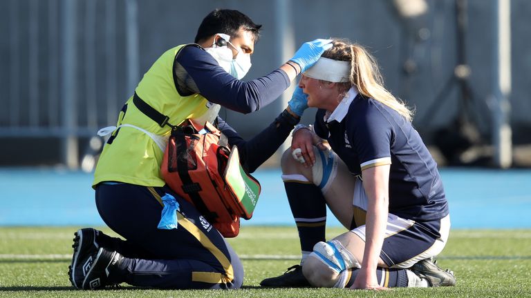 Scotland's Siobhan Cattigan receives treatment for a head injury during the Guinness Women's Six Nations match at Scotstoun Stadium, Glasgow. Issue date: Saturday April 24, 2021.