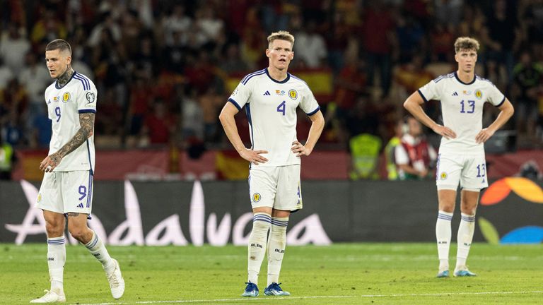 SEVILLE, SPAIN - OCTOBER 12: Scotland's Scott McTominay looks dejected as his side go 1-0 behind during a UEFA Euro 2024 Qualifier at the Estadio De La Cartuja, on October 12, 2023, in Seville, Spain. (Photo by Craig Foy / SNS Group)