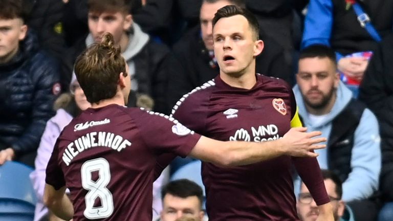 Lawrence Shankland celebrates after giving Hearts an early lead at Rangers