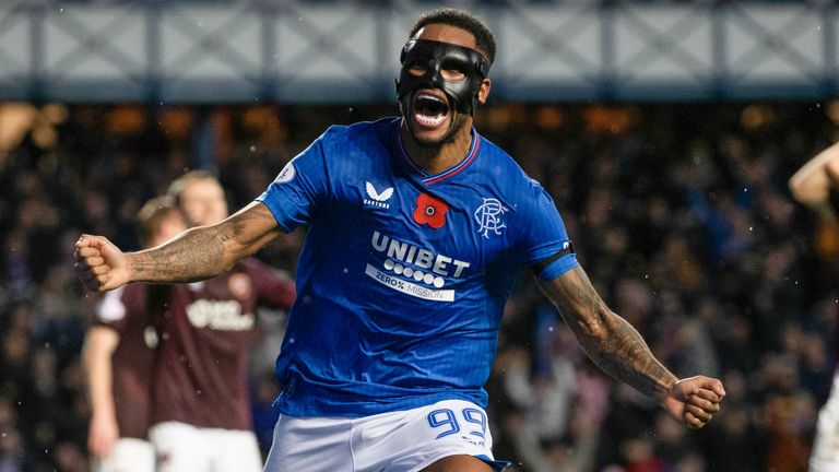 Danilo celebrates giving Rangers the lead against Hearts through an injury-time header