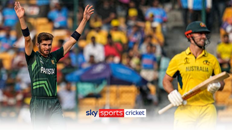 Pakistan's Shaheen Afridi celebrates the dismissal of Australia's Mitchell Marsh