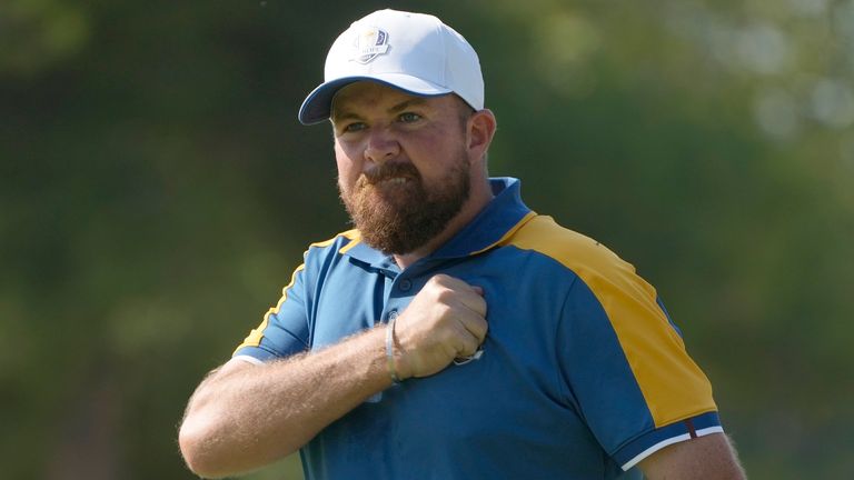 Europe's Shane Lowry celebrates on the 6th green during his singles match at the Ryder Cup golf tournament at the Marco Simone Golf Club in Guidonia Montecelio, Italy, Sunday, Oct. 1, 2023. (AP Photo/Gregorio Borgia)