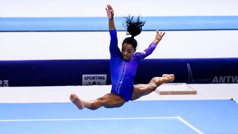 Simone Biles in action on floor during the 2023 World Championship in Belgium